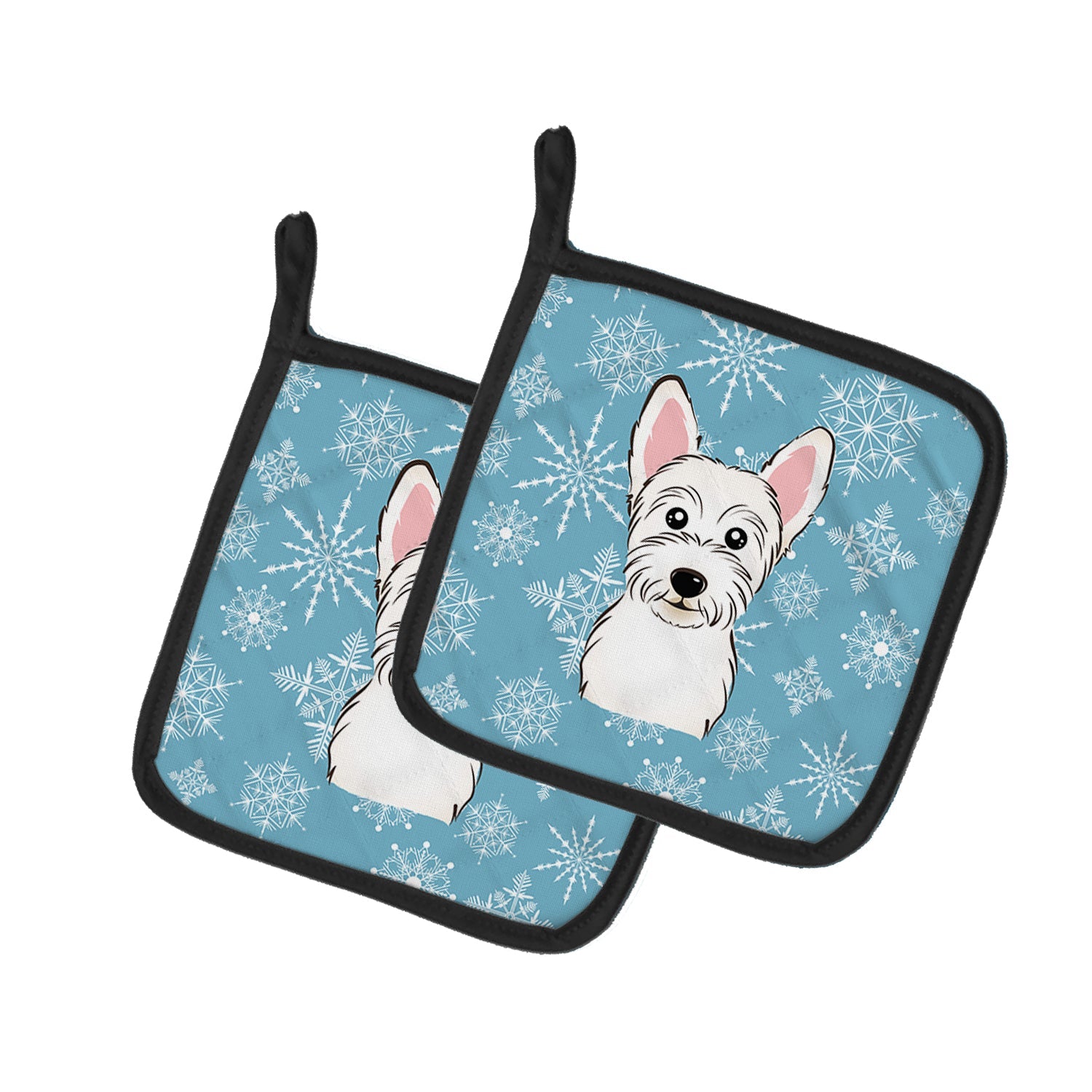 Snowflake Westie Pot Holder Set of 2 Heat Resistant Quilted Hot Pads 7.5 x 7.5 Inch, Insulated Kitchen Trivets for Cooking & Baking