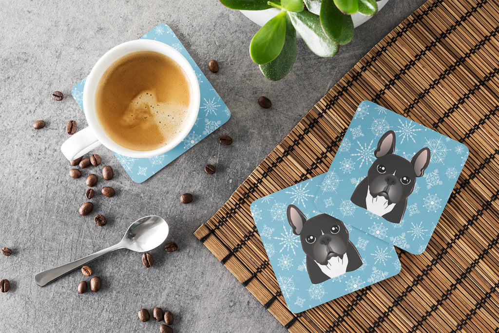 Snowflake French Bulldog Foam Coasters Set of 4 Cup Coasters for Indoor Outdoor, Tabletop Protection, Anti Slip, Mouse pad Material