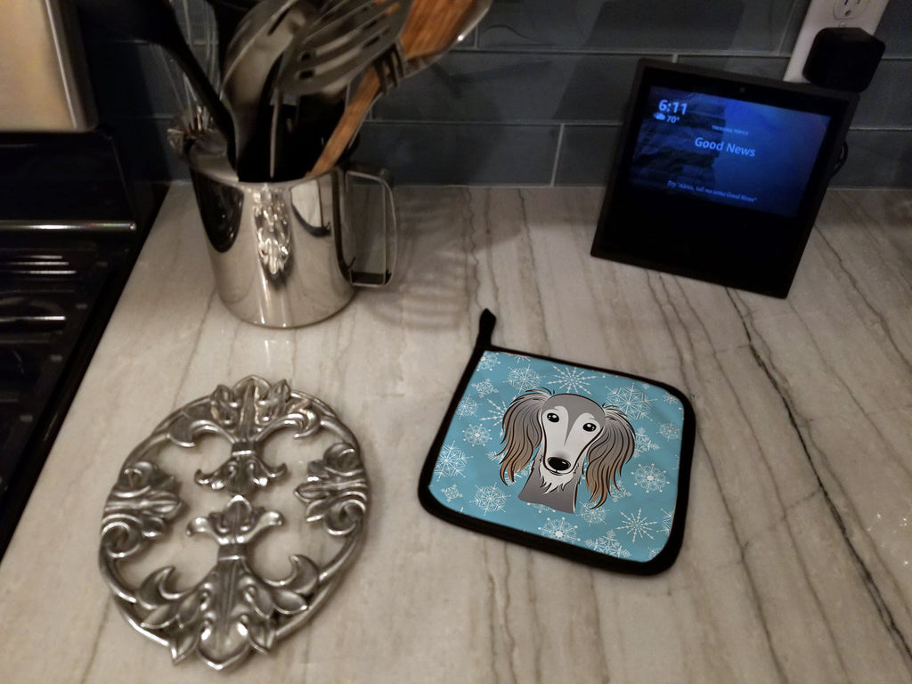 Snowflake Saluki Pot Holder Set of 2 Heat Resistant Quilted Hot Pads 7.5 x 7.5 Inch, Insulated Kitchen Trivets for Cooking & Baking