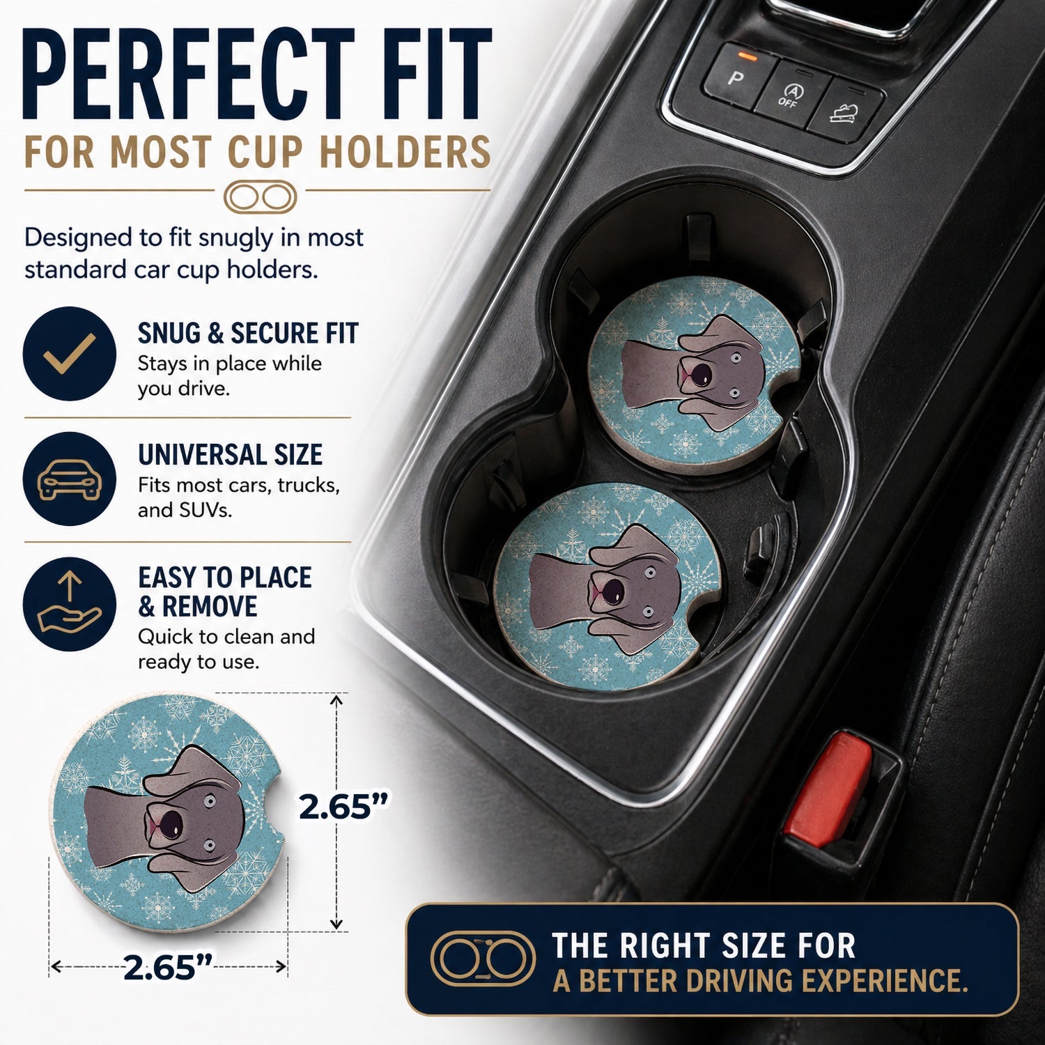 Snowflake Weimaraner Set of 2 Cup Holder Car Coasters Absorbent Round Sandstone Coasters Gifts for Men or Women, 2.5, Multicolor