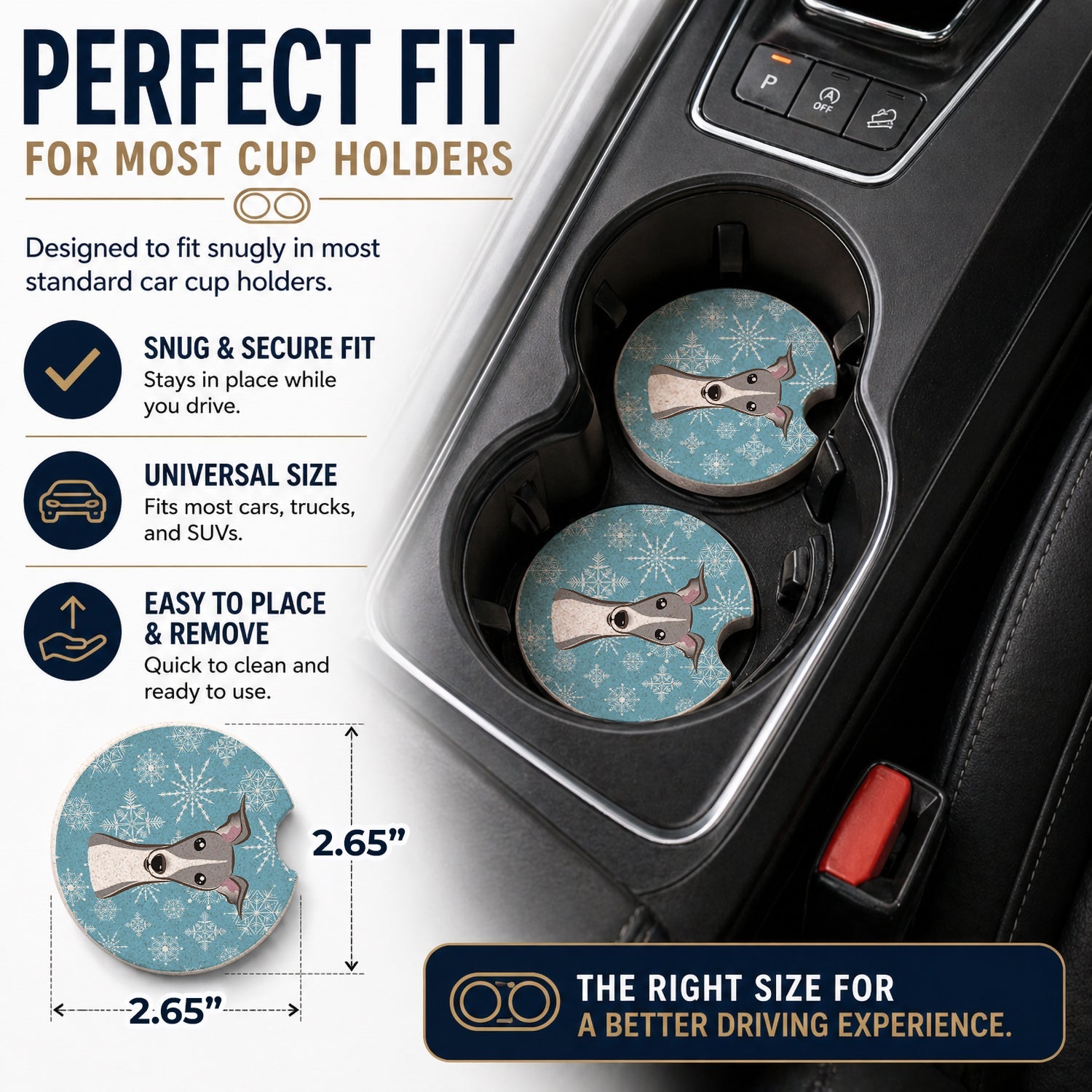 Snowflake Italian Greyhound Set of 2 Cup Holder Car Coasters Absorbent Round Sandstone Coasters Gifts for Men or Women, 2.5, Multicolor