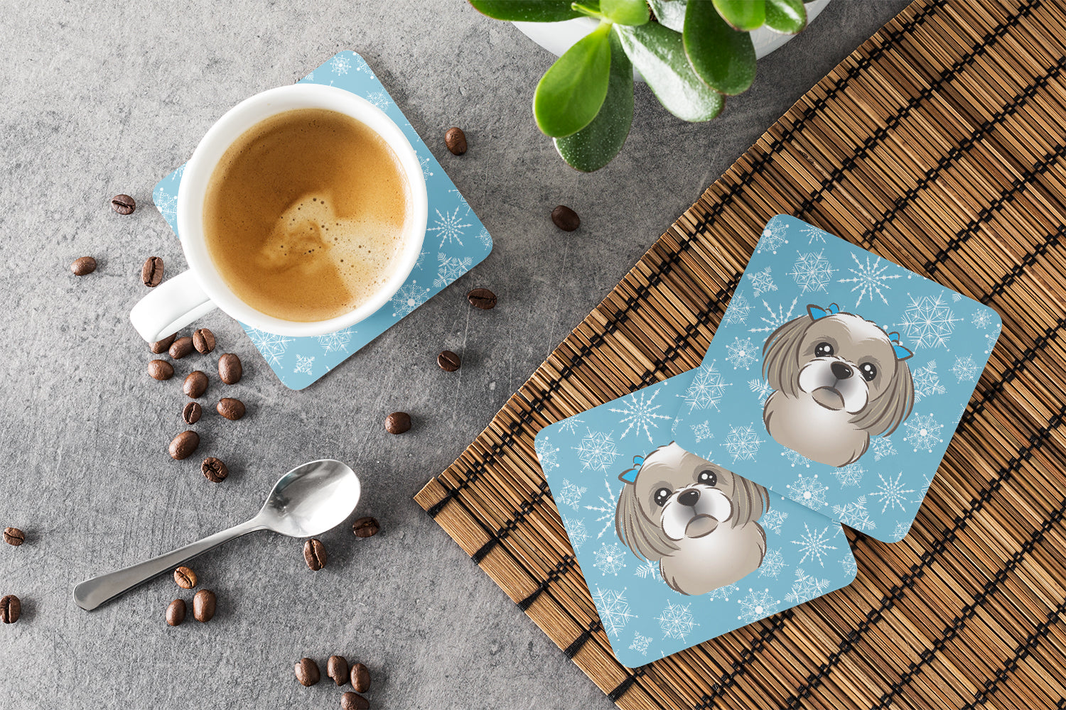 Snowflake Gray Silver Shih Tzu Foam Coasters Set of 4 Cup Coasters for Indoor Outdoor, Tabletop Protection, Anti Slip, Mouse pad Material