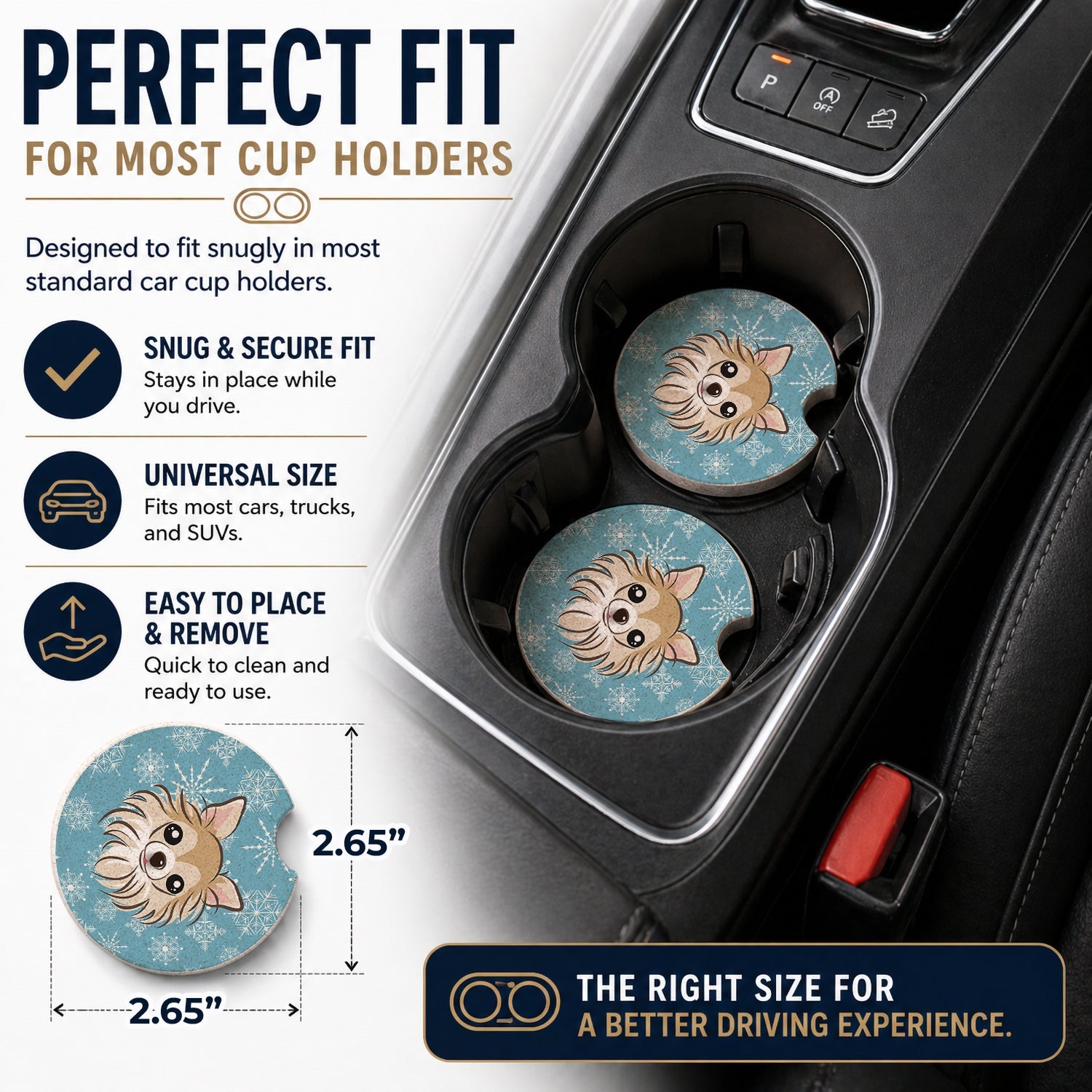 Snowflake Chihuahua Set of 2 Cup Holder Car Coasters Absorbent Round Sandstone Coasters Gifts for Men or Women, 2.5, Multicolor