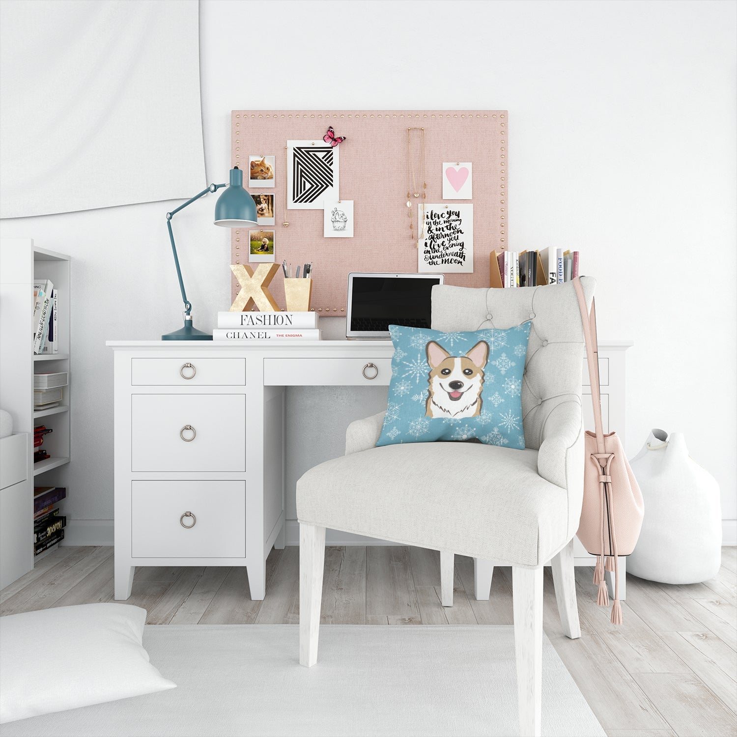 Snowflake Sable Corgi Decorative Throw Pillow 14x14 Indoor Outdoor Accent Cushion, Fabric Cover with Insert for Sofa, Bed, Porch & Living Room