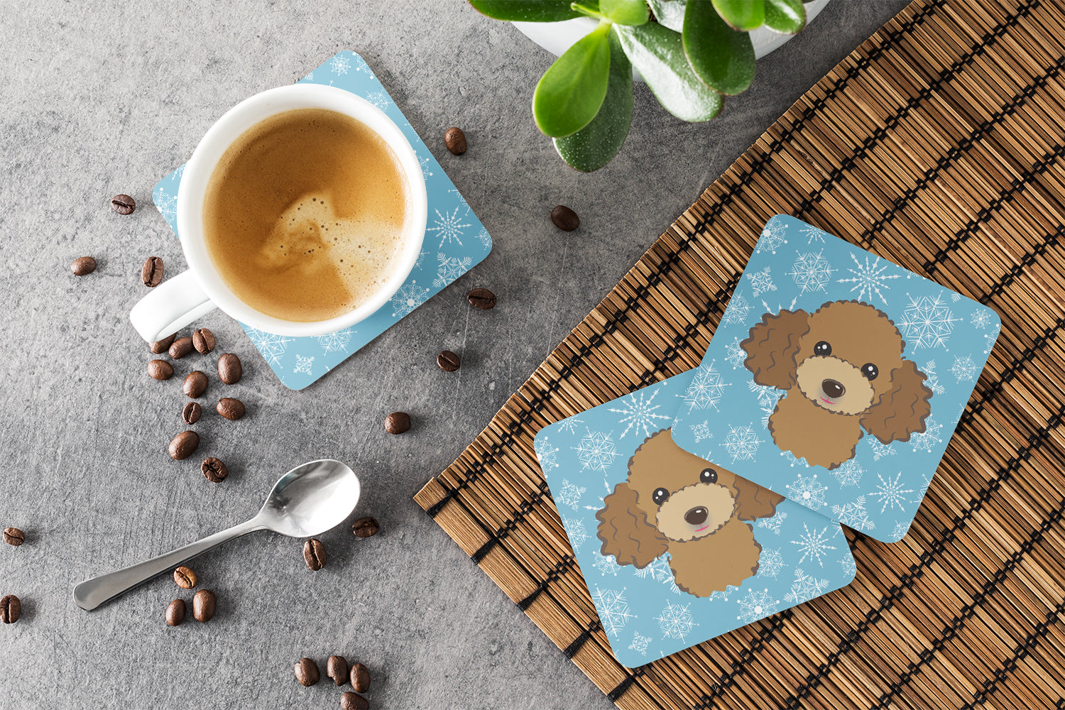 Snowflake Chocolate Brown Poodle Foam Coasters Set of 4 Cup Coasters for Indoor Outdoor, Tabletop Protection, Anti Slip, Mouse pad Material