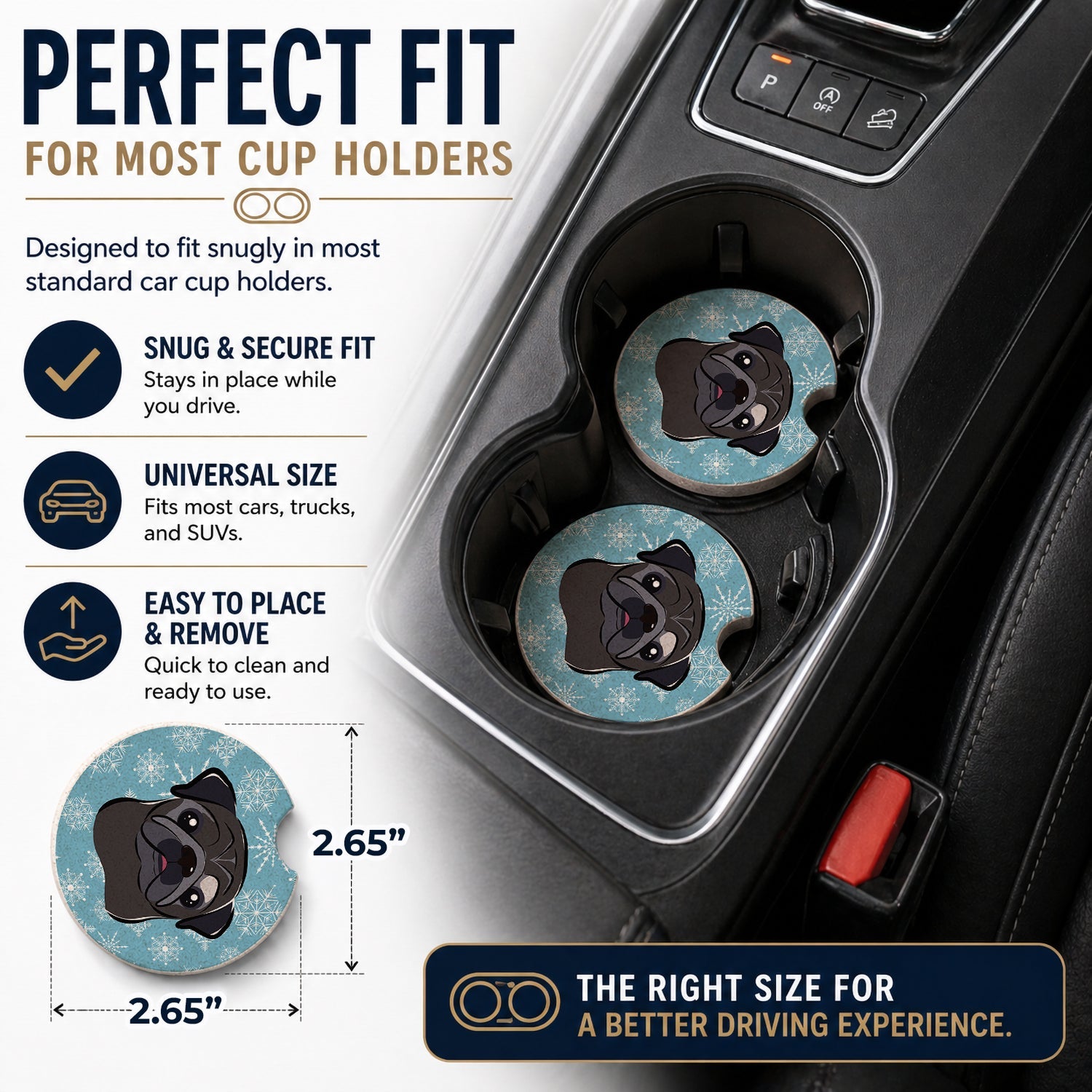 Snowflake Black Pug Set of 2 Cup Holder Car Coasters Absorbent Round Sandstone Coasters Gifts for Men or Women, 2.5, Multicolor