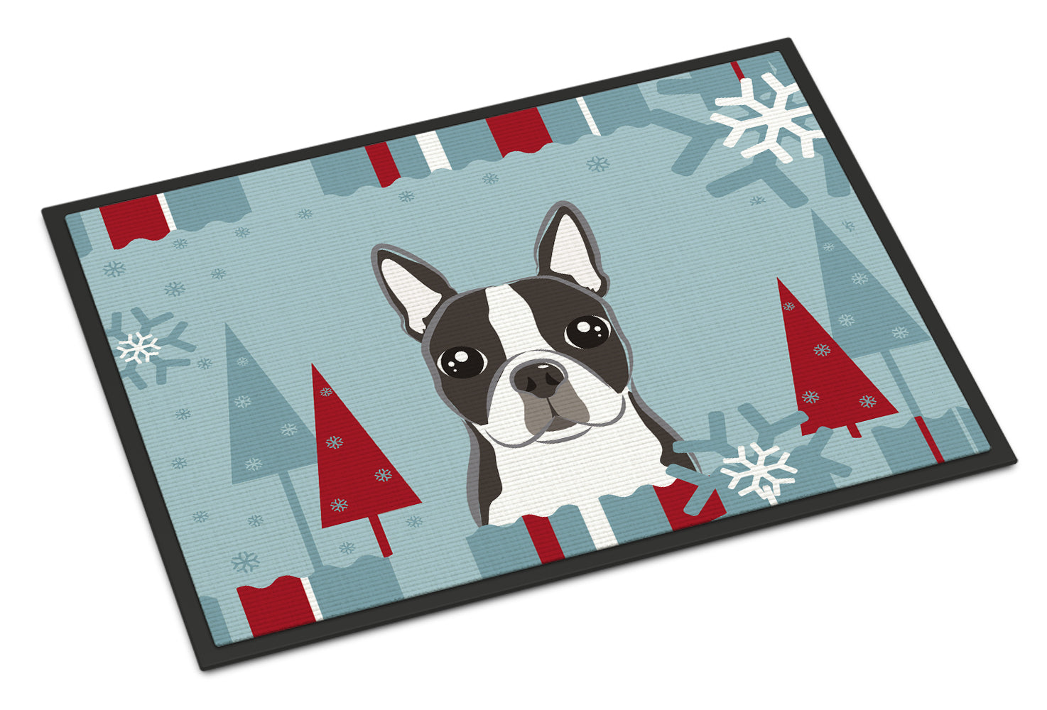 Winter Holiday Boston Terrier Doormat Indoor Outdoor 24H X 36W Front Door Mat Rugs for Entryway, Non Slip Washable Low Pile,