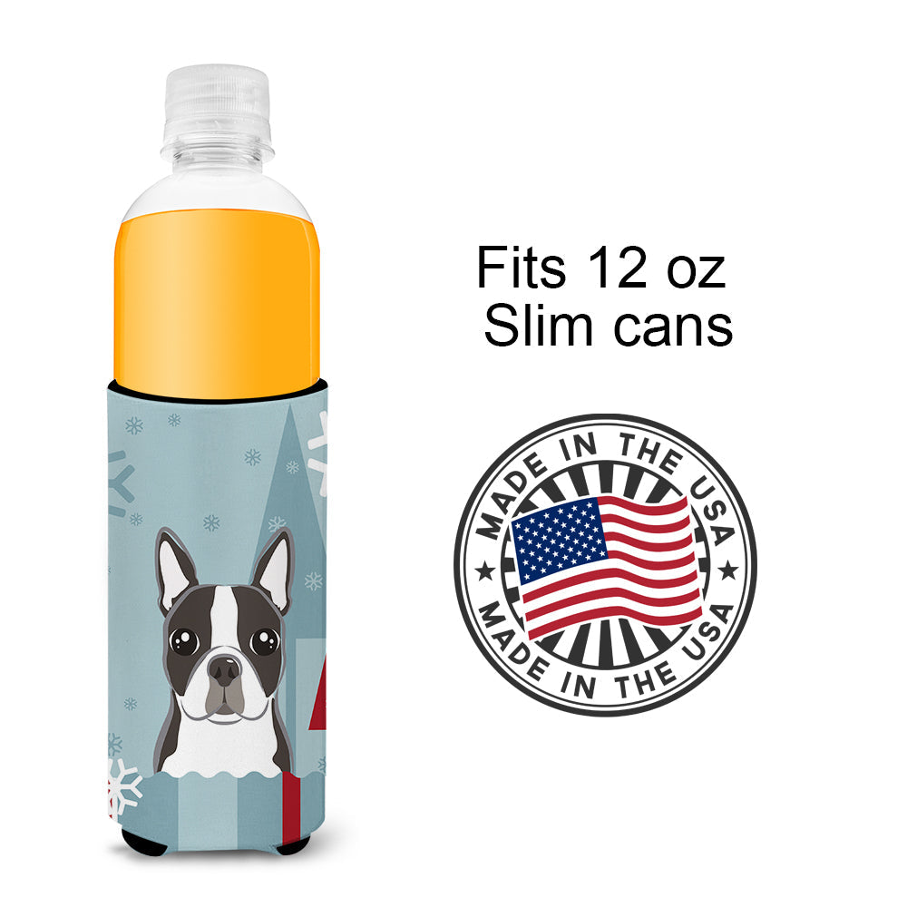 Winter Holiday Boston Terrier Slim Can Hugger , Insulated Foam Hugger for 12 oz Slim Cans, Beer Bottles & Water Bottles, Printed in USA
