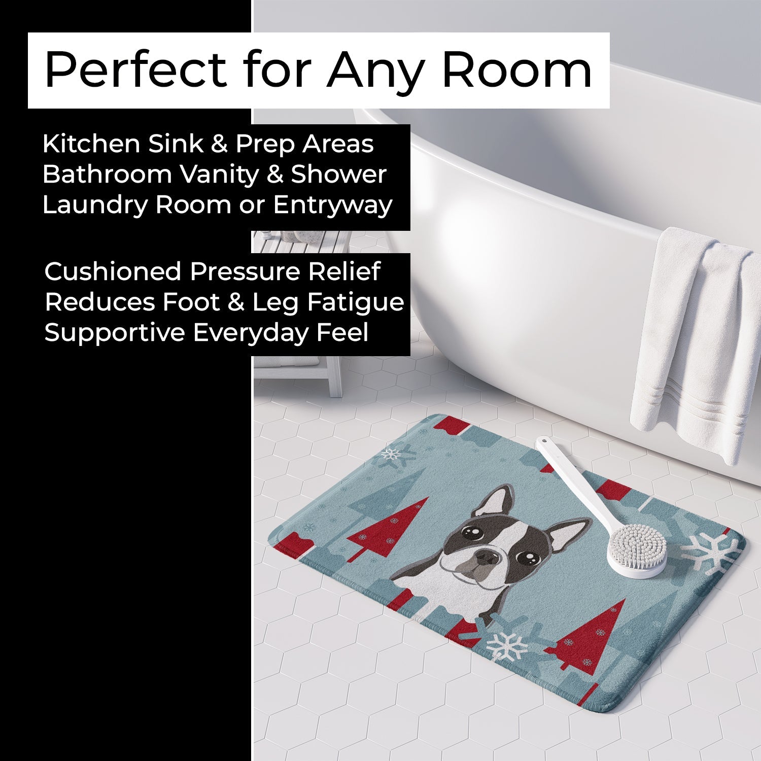Winter Holiday Boston Terrier Memory Foam Kitchen Mat Machine Washable Anti-Fatigue Cushion Comfort Bath or Kitchen Rug