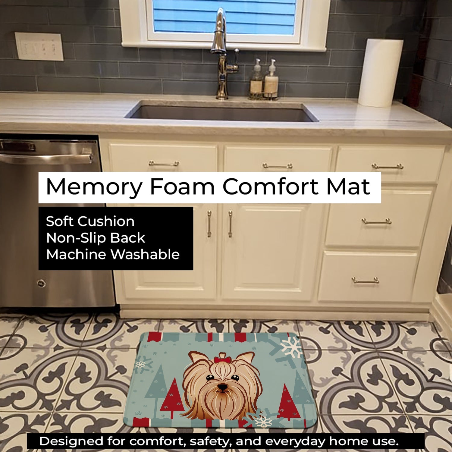 Winter Holiday Yorkie Yorkishire Terrier Memory Foam Kitchen Mat Machine Washable Anti-Fatigue Cushion Comfort Bath or Kitchen Rug