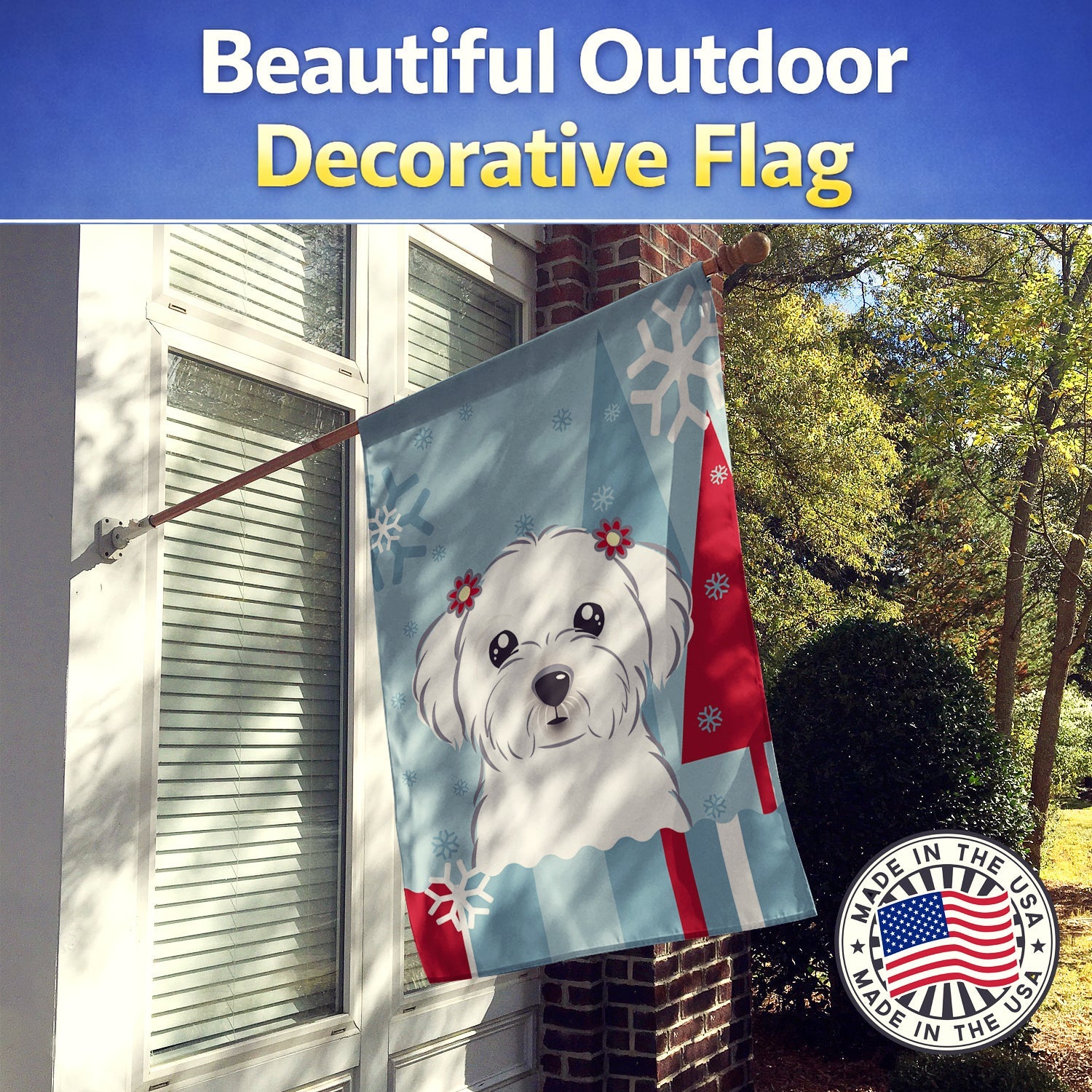 Winter Holiday Maltese House Flag 28x40 Porch Sleeve Pole Decorative Outside Yard Banner Artwork Wall Hanging, Polyester