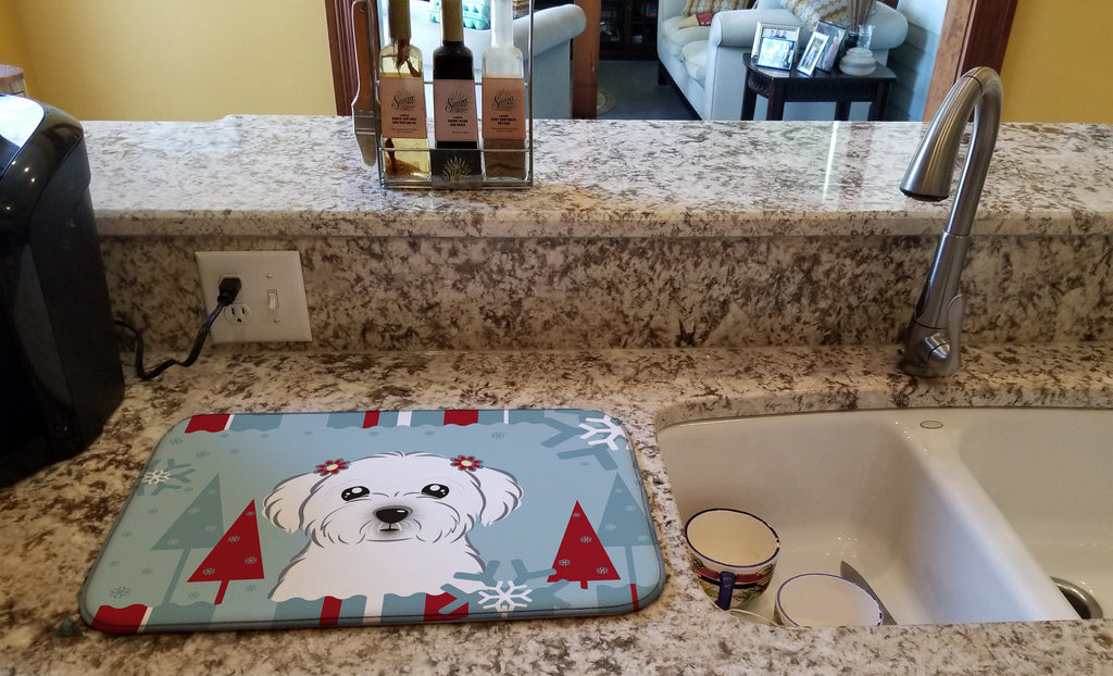 Winter Holiday Maltese Dish Drying Mat Absorbent Dish Drying Mat Pad for Kitchen Counter Dish Drainer Mat for Countertop, 14 x 21", Multicolor