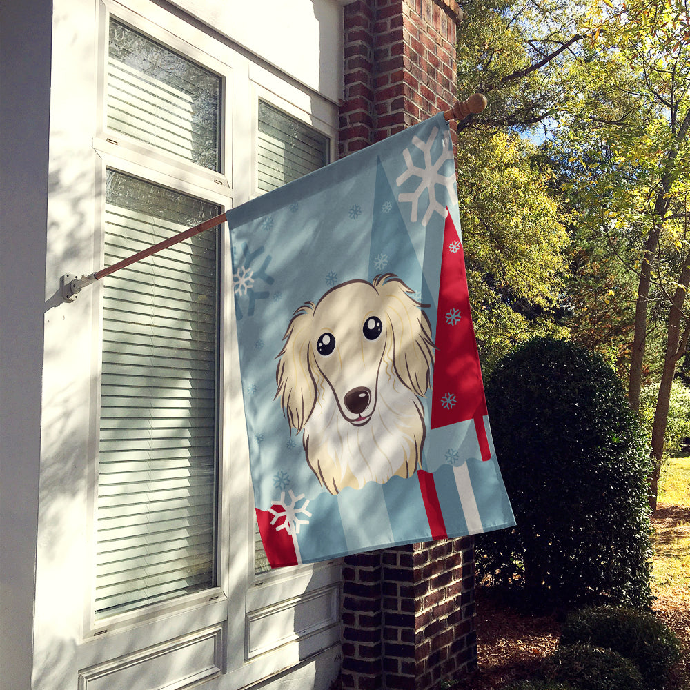 Winter Holiday Longhair Creme Dachshund House Flag 28x40 Porch Sleeve Pole Decorative Outside Yard Banner Artwork Wall Hanging, Polyester
