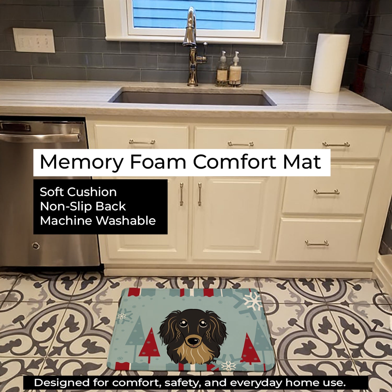 Winter Holiday Longhair Black and Tan Dachshund Memory Foam Kitchen Mat Machine Washable Anti-Fatigue Cushion Comfort Bath or Kitchen Rug