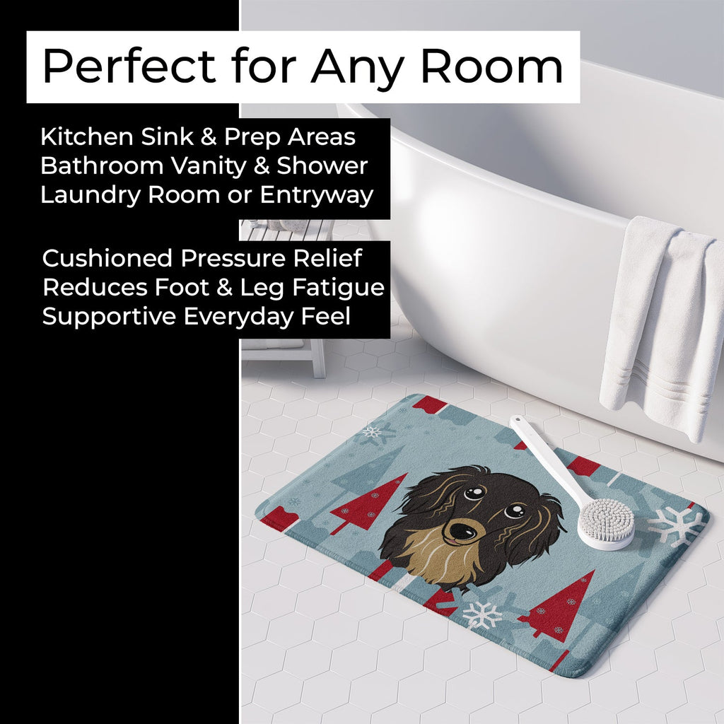 Winter Holiday Longhair Black and Tan Dachshund Memory Foam Kitchen Mat Machine Washable Anti-Fatigue Cushion Comfort Bath or Kitchen Rug
