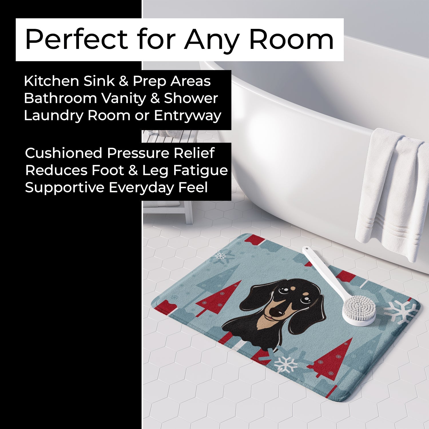 Winter Holiday Smooth Black and Tan Dachshund Memory Foam Kitchen Mat Machine Washable Anti-Fatigue Cushion Comfort Bath or Kitchen Rug