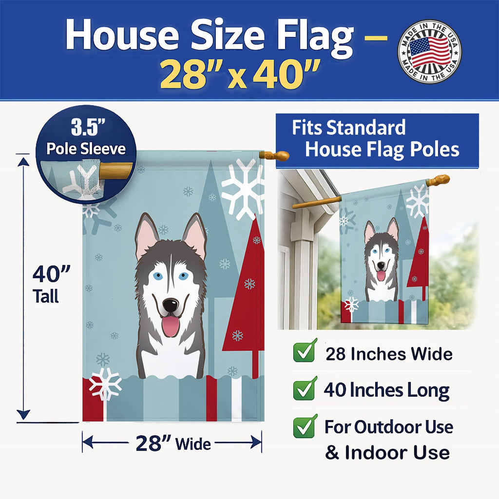 Winter Holiday Alaskan Malamute House Flag 28x40 Porch Sleeve Pole Decorative Outside Yard Banner Artwork Wall Hanging, Polyester
