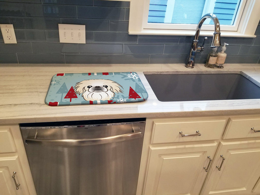 Winter Holiday Pekingese Dish Drying Mat Absorbent Dish Drying Mat Pad for Kitchen Counter Dish Drainer Mat for Countertop, 14 x 21", Multicolor