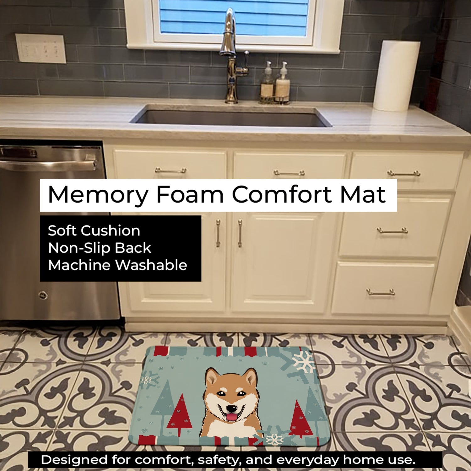 Winter Holiday Shiba Inu Memory Foam Kitchen Mat Machine Washable Anti-Fatigue Cushion Comfort Bath or Kitchen Rug