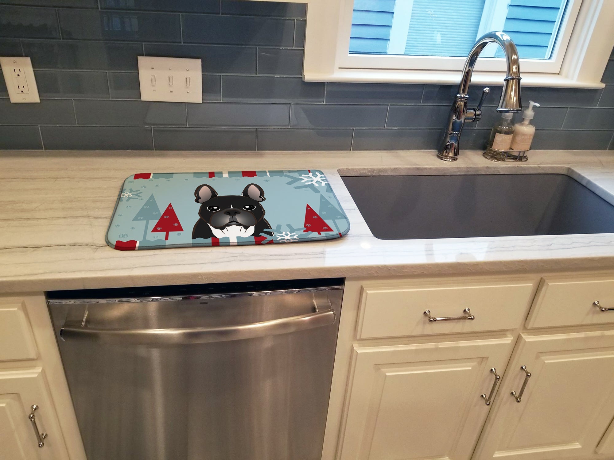 Winter Holiday French Bulldog Dish Drying Mat Absorbent Dish Drying Mat Pad for Kitchen Counter Dish Drainer Mat for Countertop, 14 x 21", Multicolor