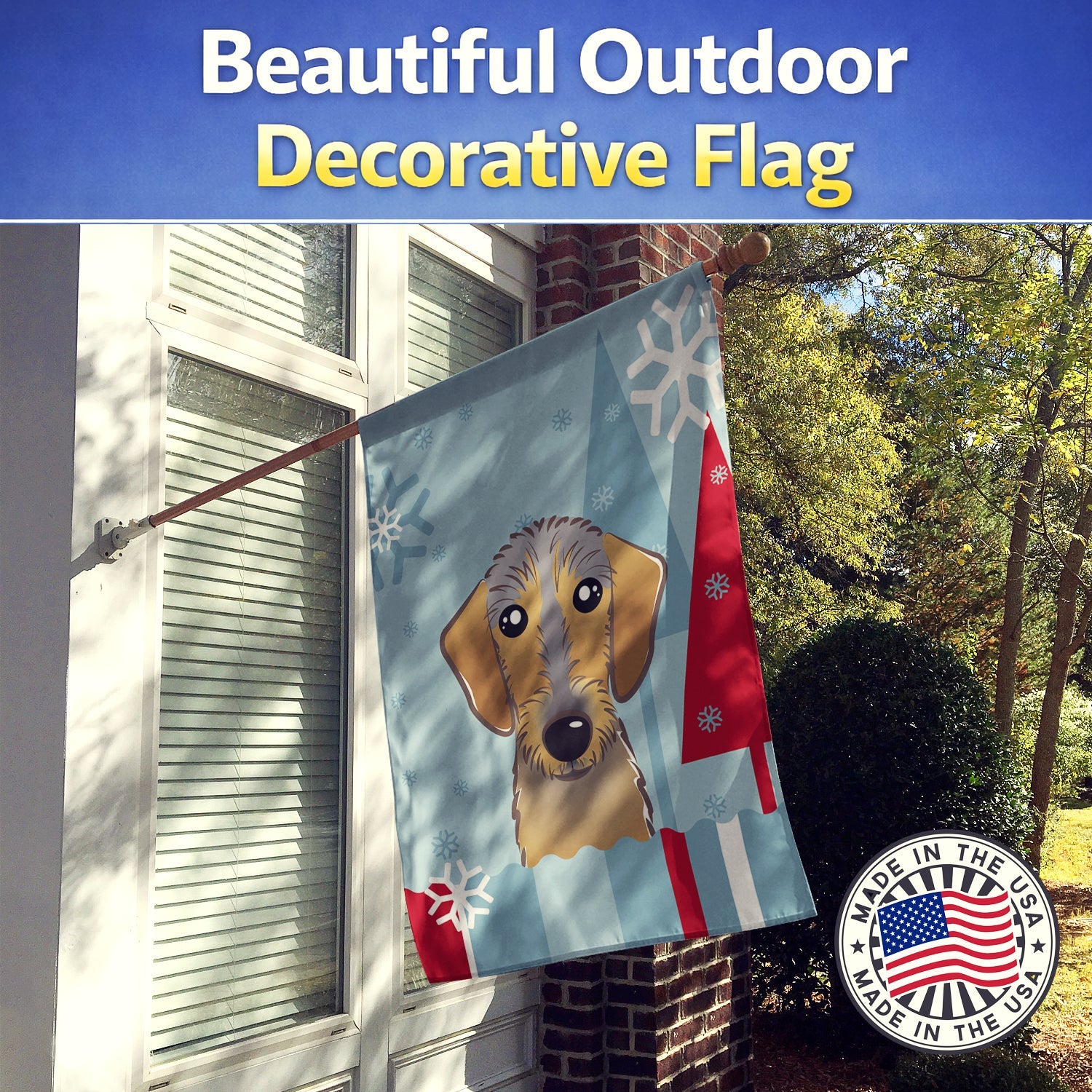 Winter Holiday Wirehaired Dachshund House Flag 28x40 Porch Sleeve Pole Decorative Outside Yard Banner Artwork Wall Hanging, Polyester