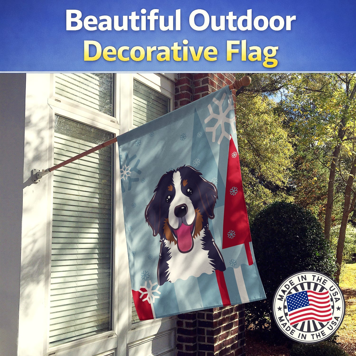 Winter Holiday Bernese Mountain Dog House Flag 28x40 Porch Sleeve Pole Decorative Outside Yard Banner Artwork Wall Hanging, Polyester