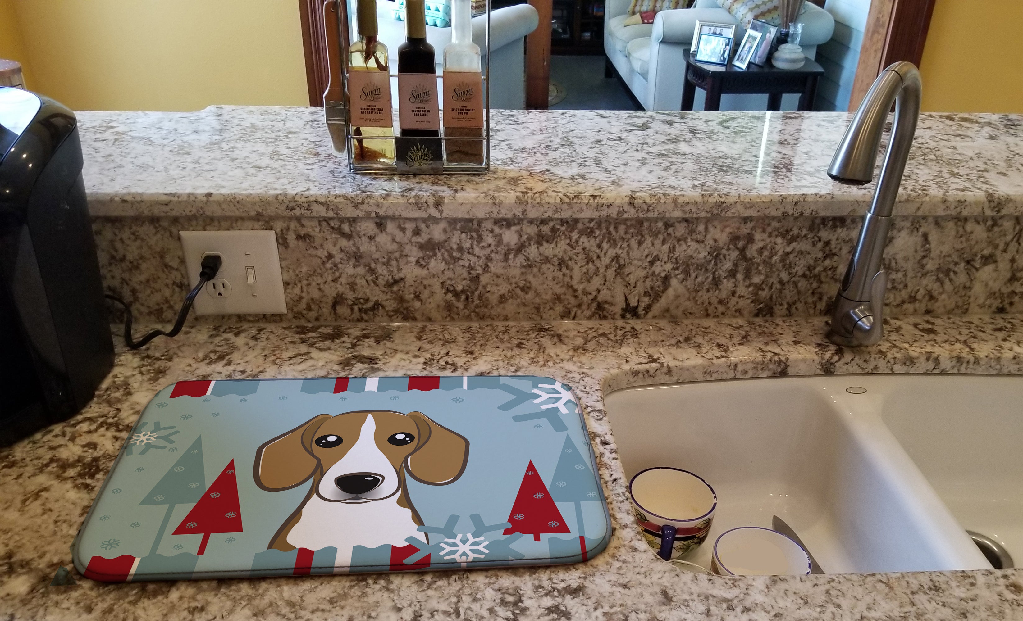 Winter Holiday Beagle Dish Drying Mat Absorbent Dish Drying Mat Pad for Kitchen Counter Dish Drainer Mat for Countertop, 14 x 21", Multicolor