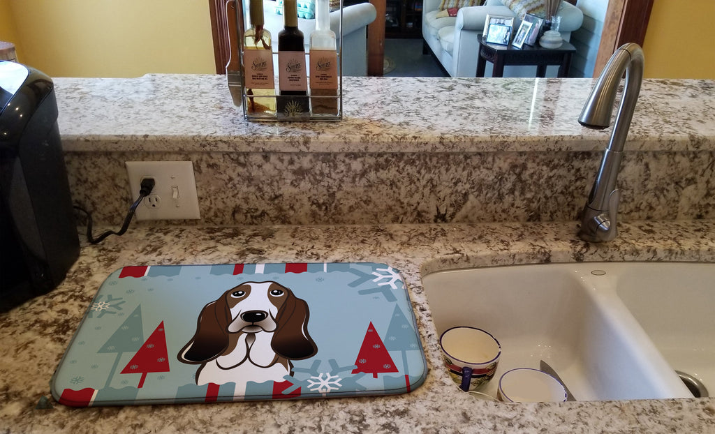 Winter Holiday Basset Hound Dish Drying Mat Absorbent Dish Drying Mat Pad for Kitchen Counter Dish Drainer Mat for Countertop, 14 x 21", Multicolor
