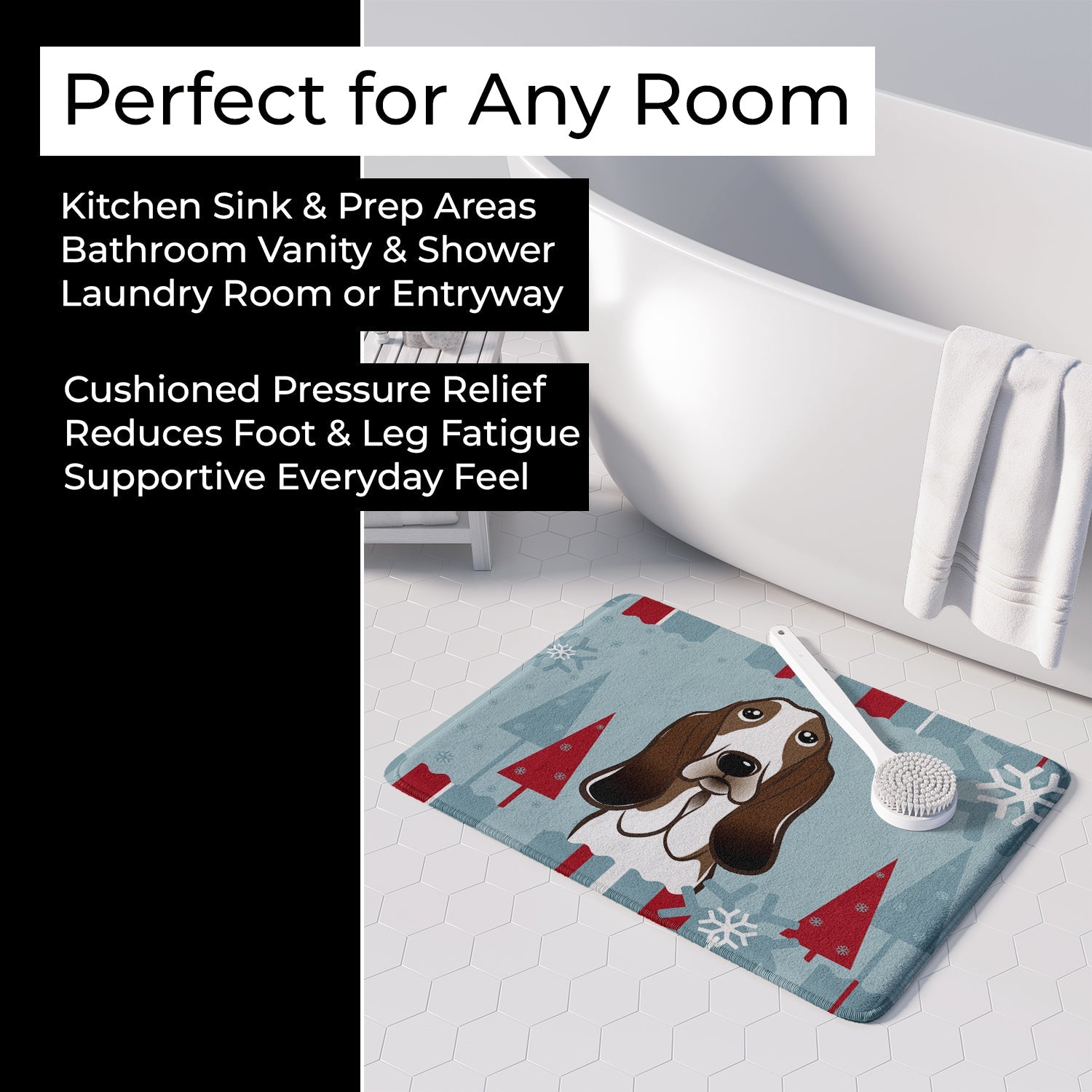 Winter Holiday Basset Hound Memory Foam Kitchen Mat Machine Washable Anti-Fatigue Cushion Comfort Bath or Kitchen Rug