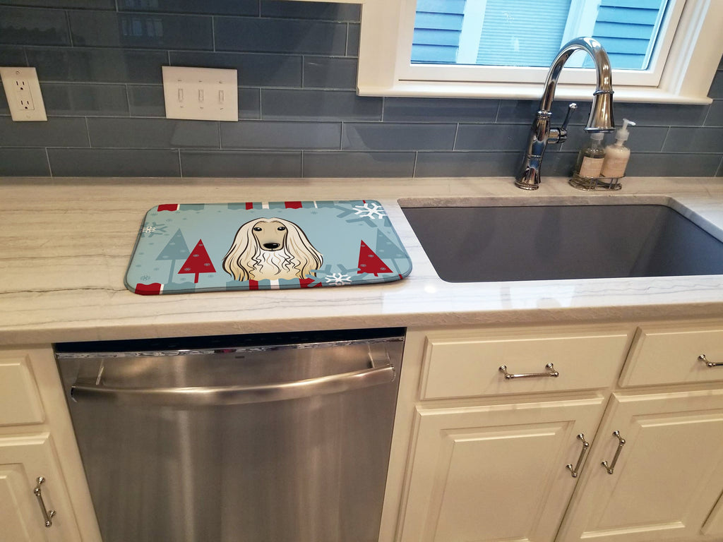 Winter Holiday Afghan Hound Dish Drying Mat Absorbent Dish Drying Mat Pad for Kitchen Counter Dish Drainer Mat for Countertop, 14 x 21", Multicolor