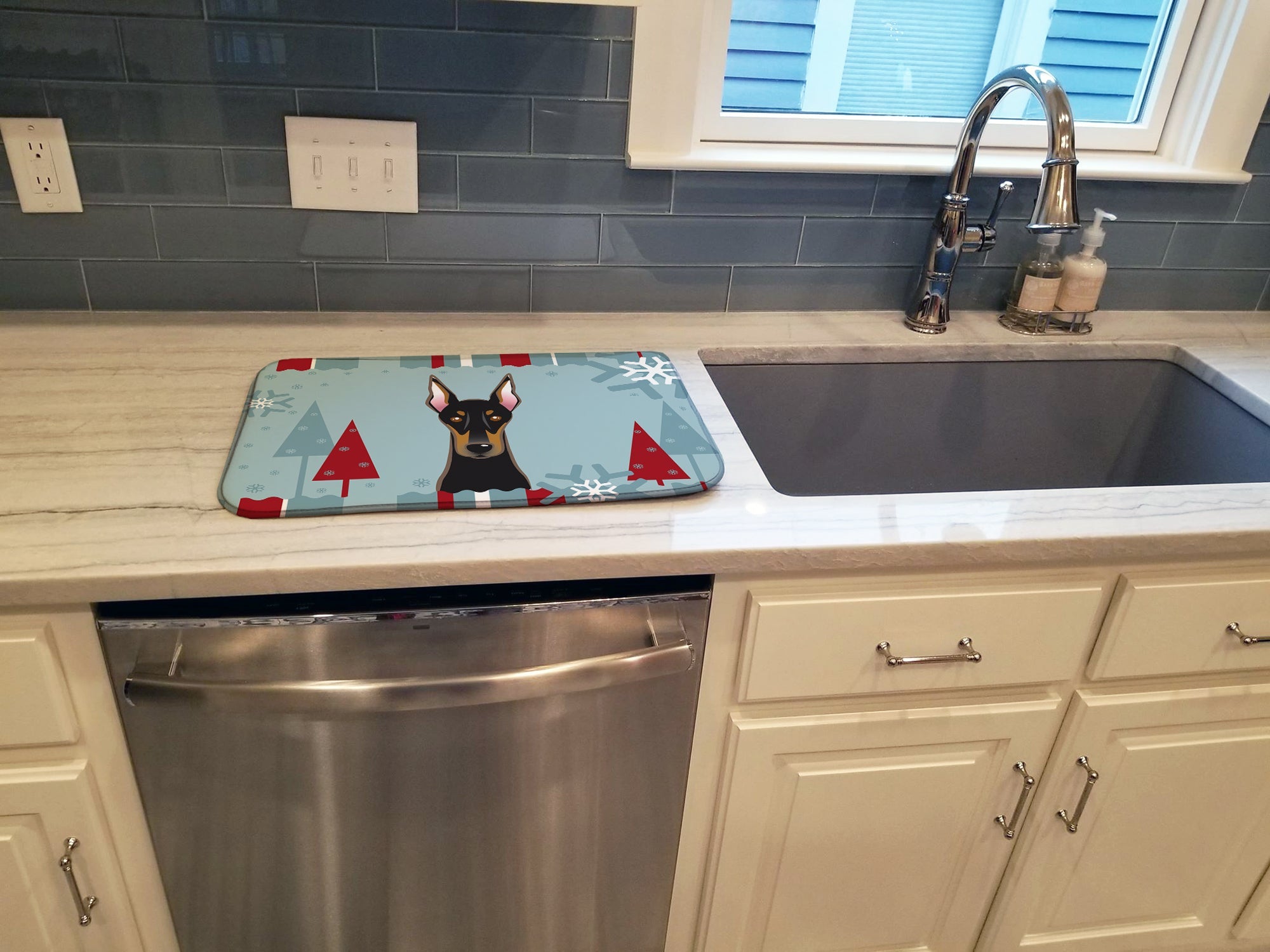 Winter Holiday Doberman Dish Drying Mat Absorbent Dish Drying Mat Pad for Kitchen Counter Dish Drainer Mat for Countertop, 14 x 21", Multicolor