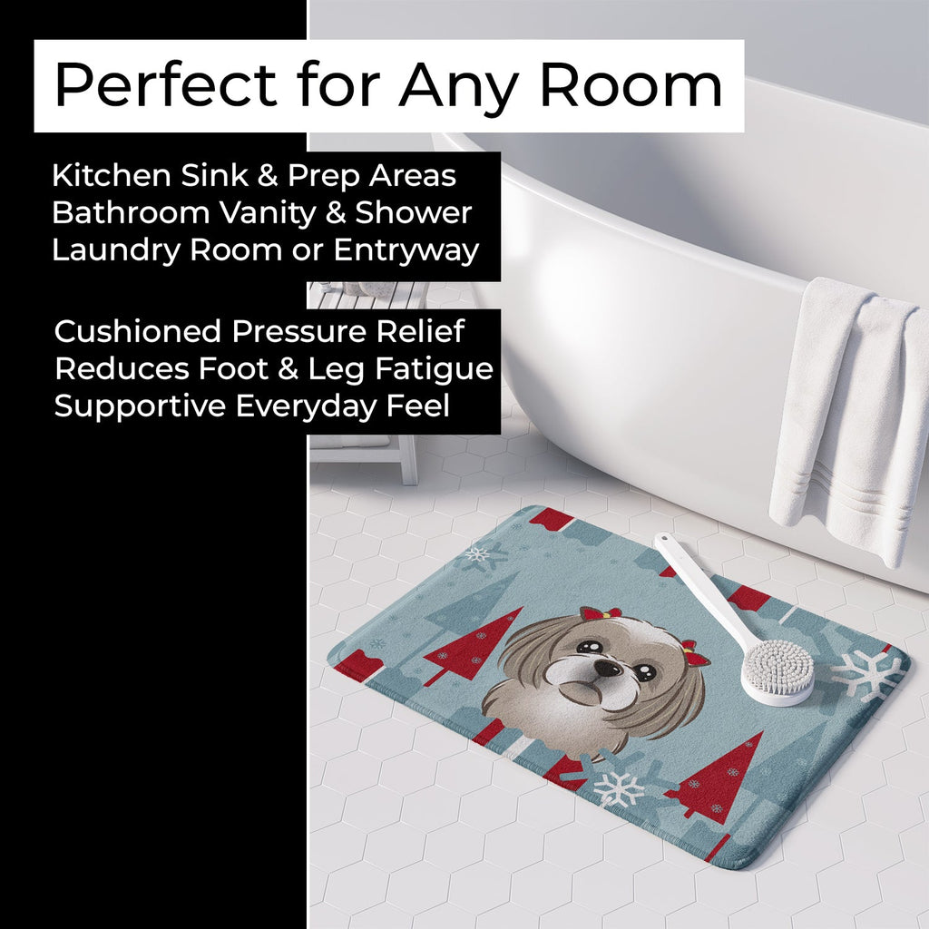 Winter Holiday Gray Silver Shih Tzu Memory Foam Kitchen Mat Machine Washable Anti-Fatigue Cushion Comfort Bath or Kitchen Rug