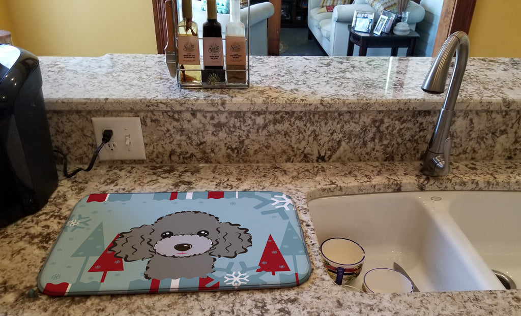 Winter Holiday Silver Gray Poodle Dish Drying Mat Absorbent Dish Drying Mat Pad for Kitchen Counter Dish Drainer Mat for Countertop, 14 x 21", Multicolor