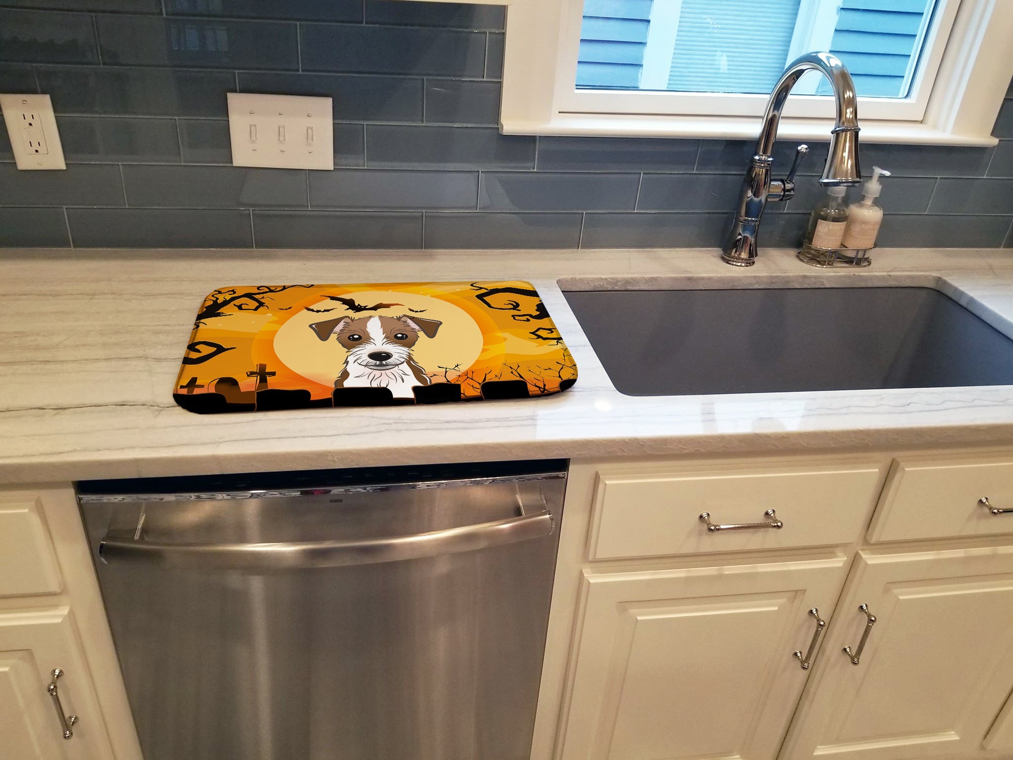 Halloween Jack Russell Terrier Dish Drying Mat Absorbent Dish Drying Mat Pad for Kitchen Counter Dish Drainer Mat for Countertop, 14 x 21", Multicolor