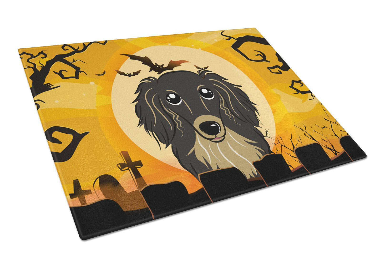 Halloween Longhair Black and Tan Dachshund Cutting Board Tempered Glass Kitchen Cutting Surface, Heat Resistant Chopping, Non-Slip Feet, Food Prep & Serving