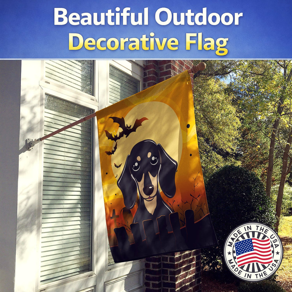 Halloween Smooth Black and Tan Dachshund House Flag 28x40 Porch Sleeve Pole Decorative Outside Yard Banner Artwork Wall Hanging, Polyester