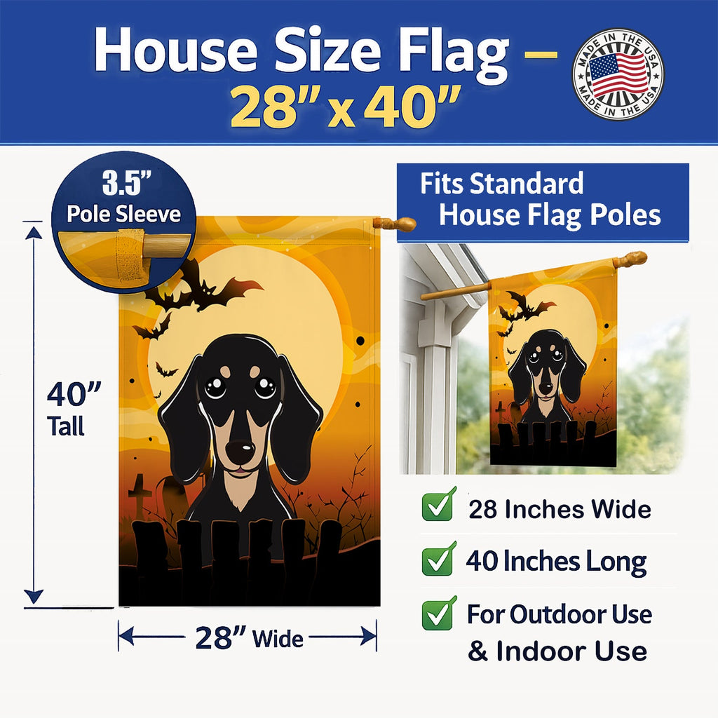 Halloween Smooth Black and Tan Dachshund House Flag 28x40 Porch Sleeve Pole Decorative Outside Yard Banner Artwork Wall Hanging, Polyester