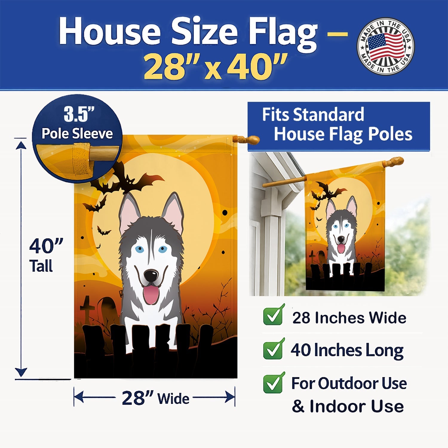 Halloween Alaskan Malamute House Flag 28x40 Porch Sleeve Pole Decorative Outside Yard Banner Artwork Wall Hanging, Polyester