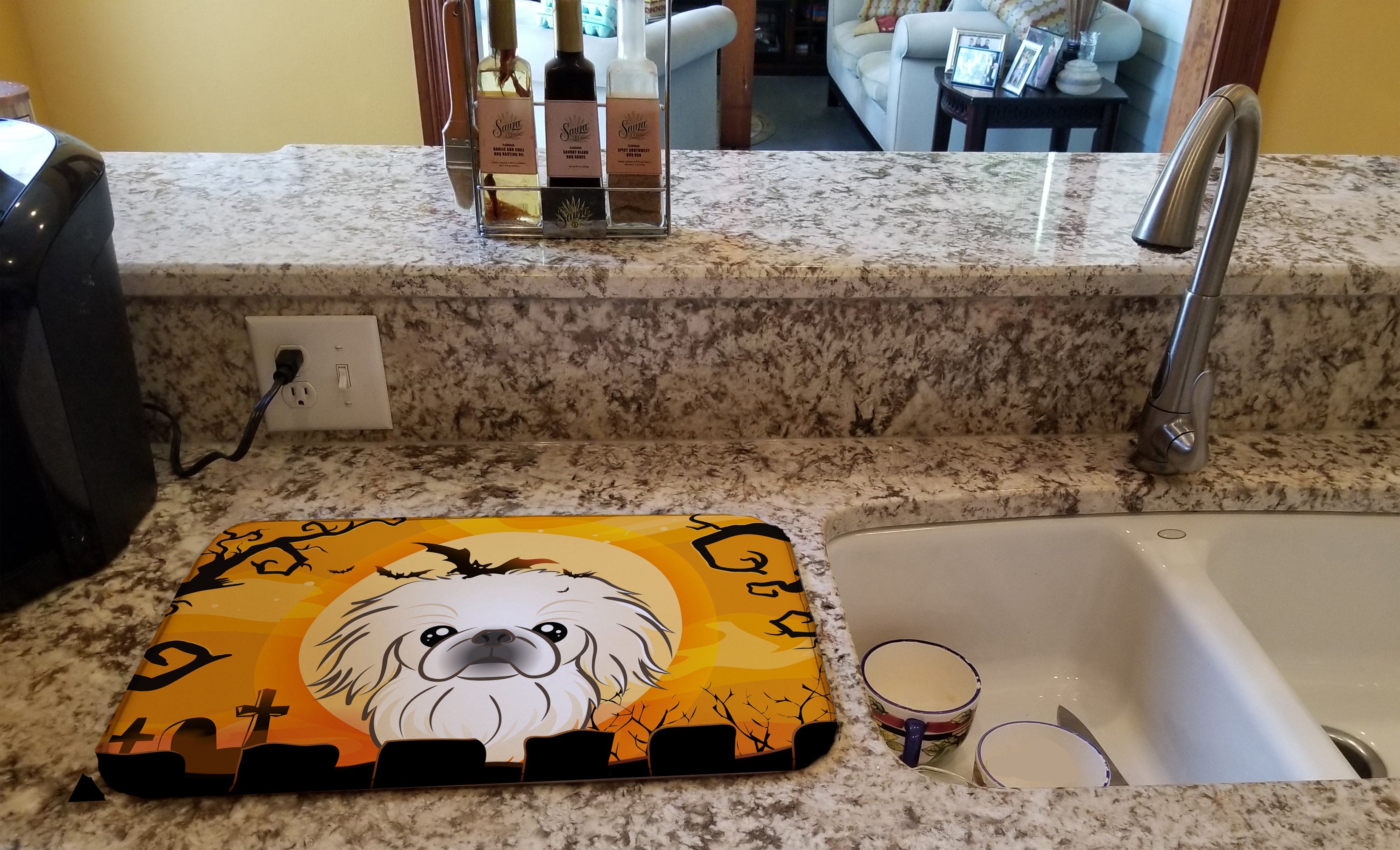 Halloween Pekingese Dish Drying Mat Absorbent Dish Drying Mat Pad for Kitchen Counter Dish Drainer Mat for Countertop, 14 x 21", Multicolor