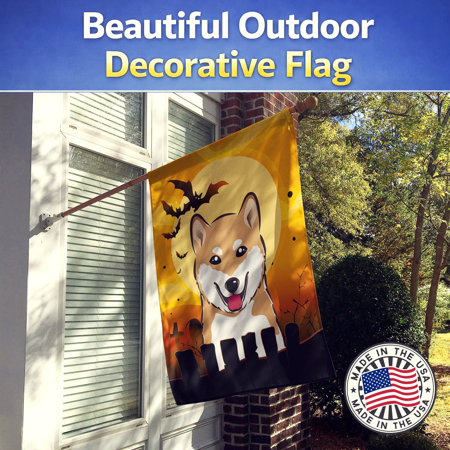 Halloween Shiba Inu House Flag 28x40 Porch Sleeve Pole Decorative Outside Yard Banner Artwork Wall Hanging, Polyester