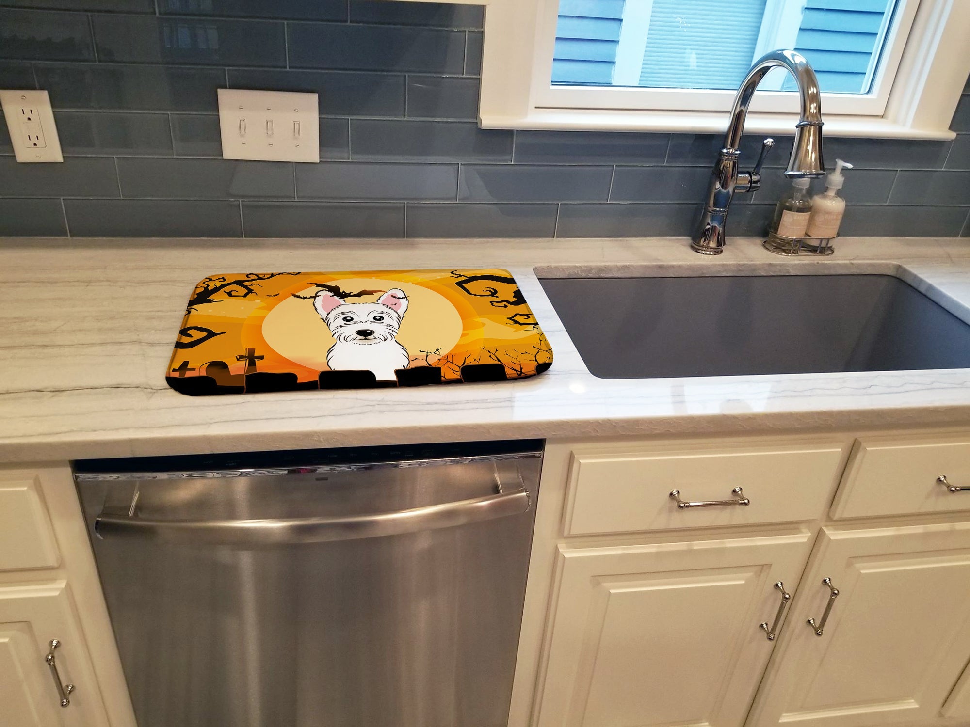 Halloween Westie Dish Drying Mat Absorbent Dish Drying Mat Pad for Kitchen Counter Dish Drainer Mat for Countertop, 14 x 21", Multicolor