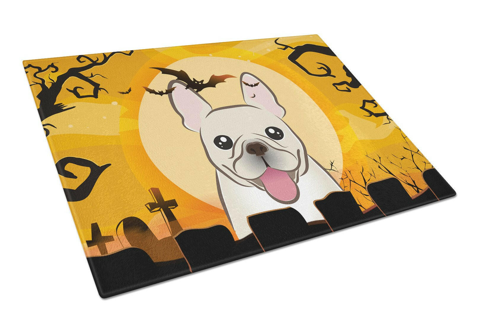 Halloween French Bulldog Cutting Board Tempered Glass Kitchen Cutting Surface, Heat Resistant Chopping, Non-Slip Feet, Food Prep & Serving