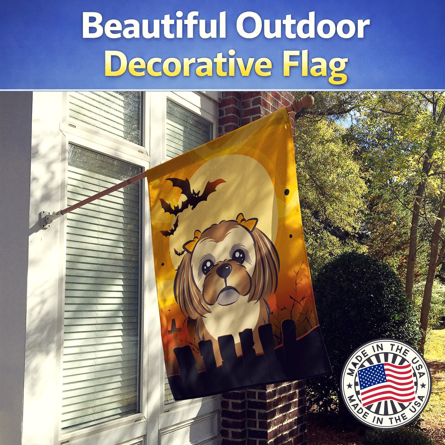 Halloween Chocolate Brown Shih Tzu House Flag 28x40 Porch Sleeve Pole Decorative Outside Yard Banner Artwork Wall Hanging, Polyester