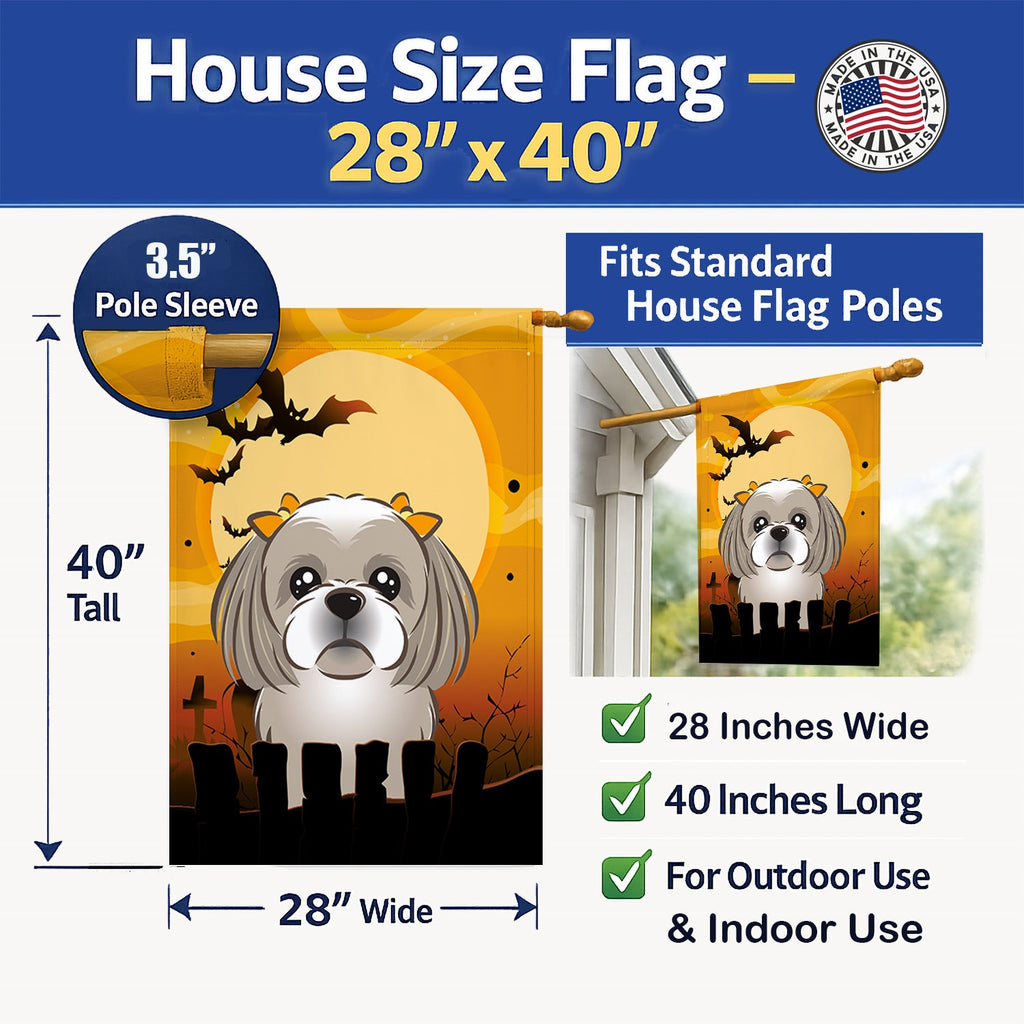 Halloween Gray Silver Shih Tzu House Flag 28x40 Porch Sleeve Pole Decorative Outside Yard Banner Artwork Wall Hanging, Polyester