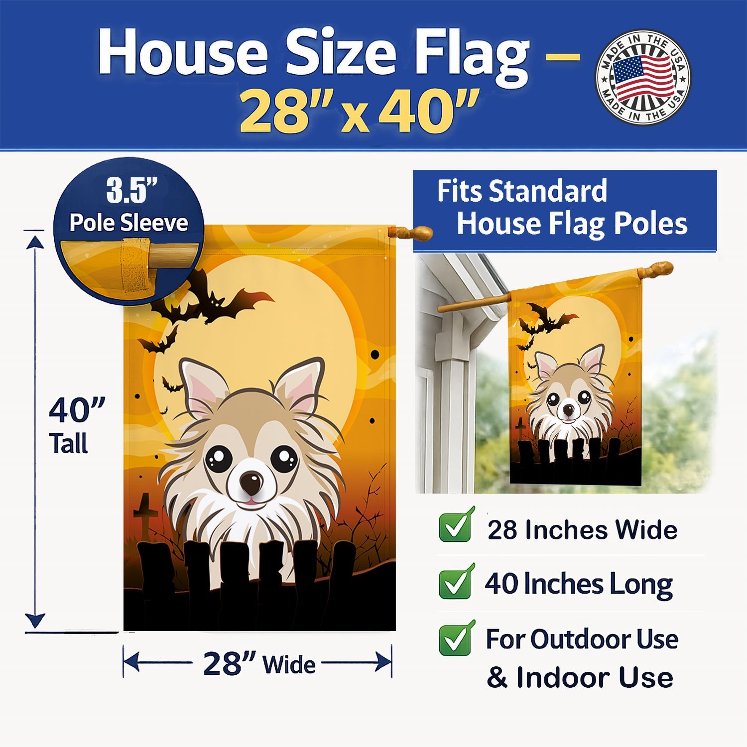 Halloween Chihuahua House Flag 28x40 Porch Sleeve Pole Decorative Outside Yard Banner Artwork Wall Hanging, Polyester