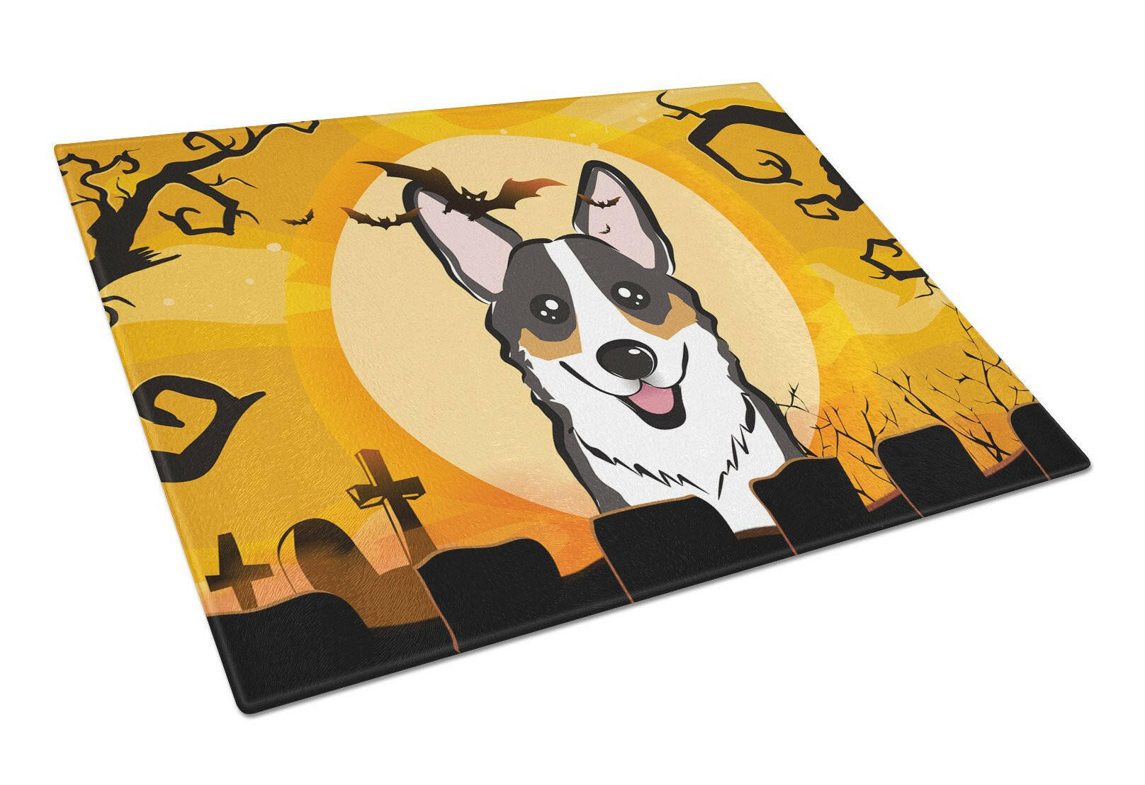 Halloween Tricolor Corgi Cutting Board Tempered Glass Kitchen Cutting Surface, Heat Resistant Chopping, Non-Slip Feet, Food Prep & Serving