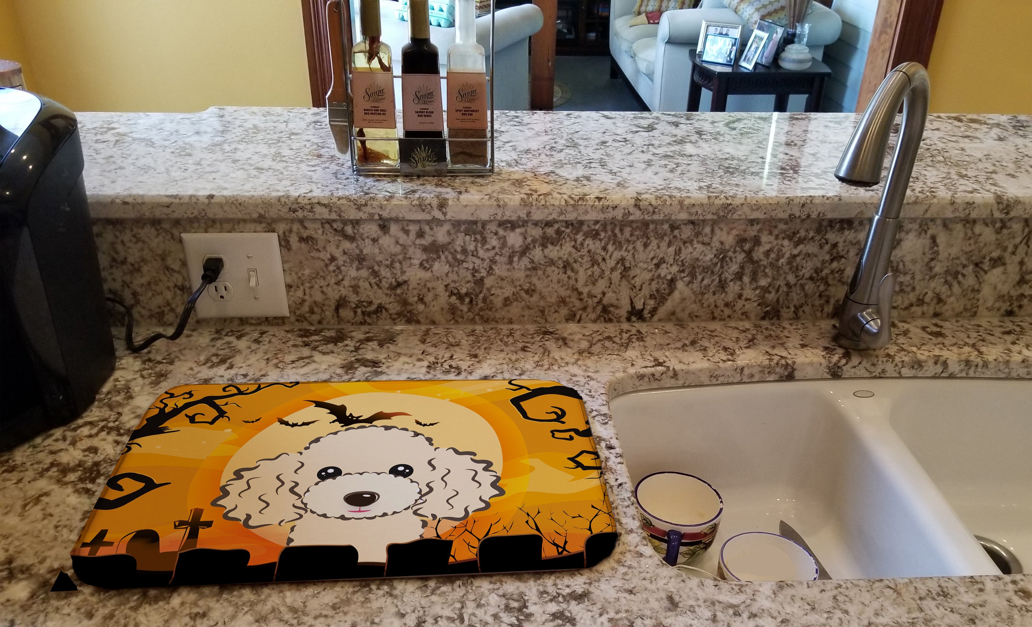Halloween Buff Poodle Dish Drying Mat Absorbent Dish Drying Mat Pad for Kitchen Counter Dish Drainer Mat for Countertop, 14 x 21", Multicolor