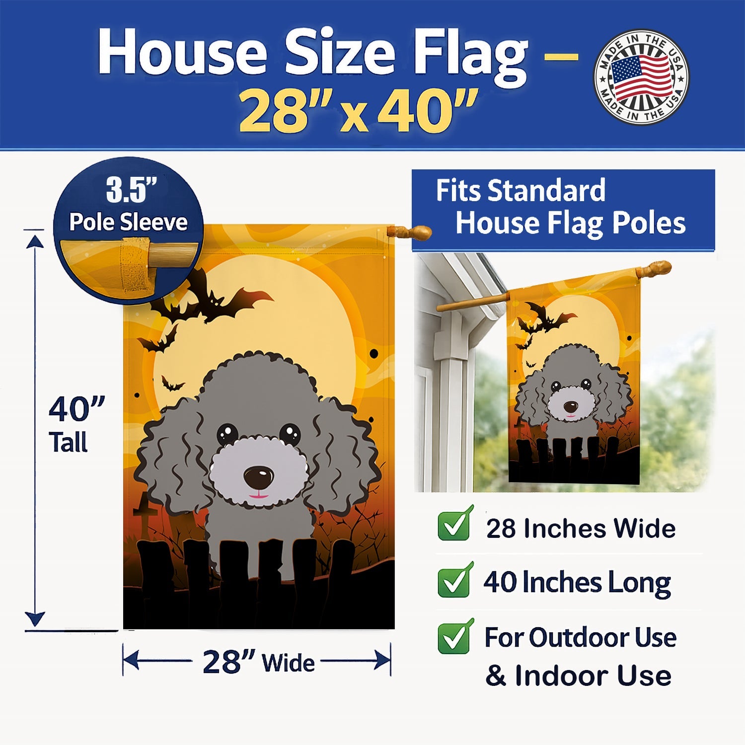Halloween Silver Gray Poodle House Flag 28x40 Porch Sleeve Pole Decorative Outside Yard Banner Artwork Wall Hanging, Polyester