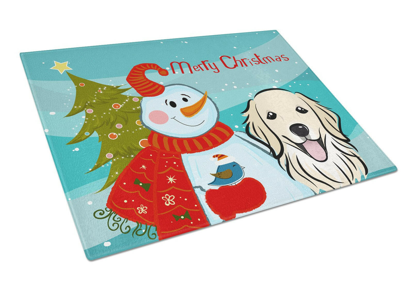 Snowman with Golden Retriever Cutting Board Tempered Glass Kitchen Cutting Surface, Heat Resistant Chopping, Non-Slip Feet, Food Prep & Serving