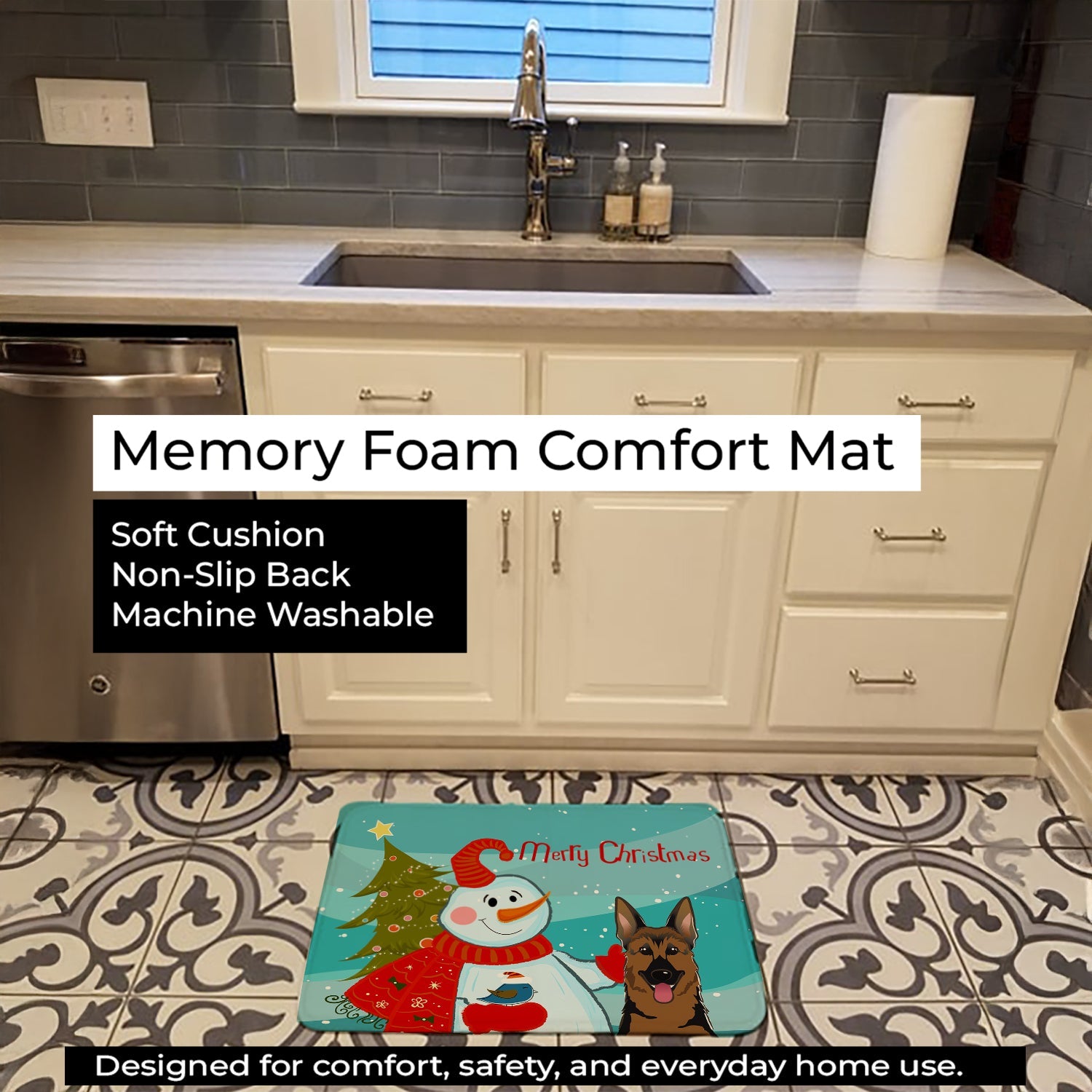 Snowman with German Shepherd Memory Foam Kitchen Mat Machine Washable Anti-Fatigue Cushion Comfort Bath or Kitchen Rug